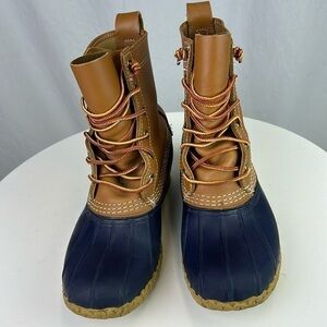 L.L. Bean Women’s Bean Boots 8” Made in Maine Tan Blue Waterproof Duck B…